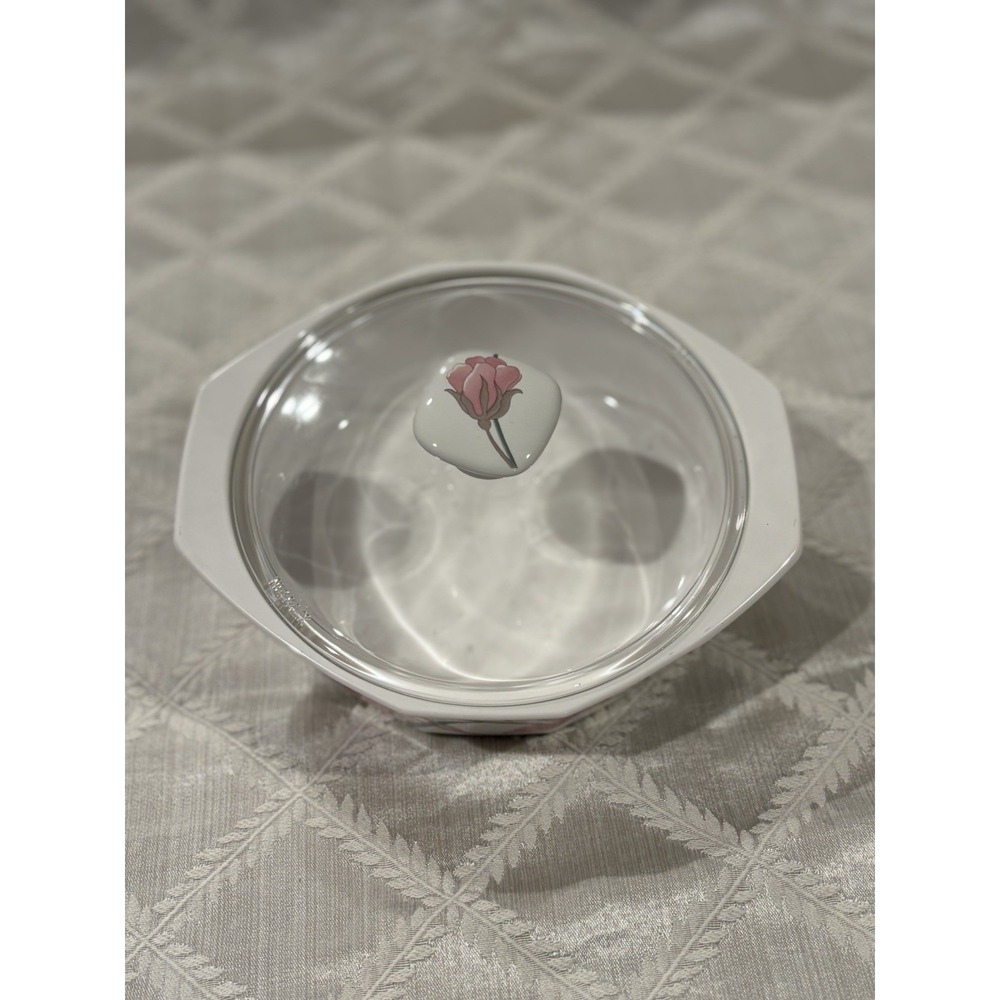 Vtg Mikasa Fire & Ice Silk Flowers Covered Casserole Dish 80's Glass Lid AA009 - Picture 2 of 8